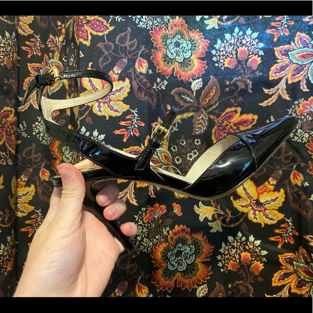 MK Ankle Strap Black Patent Leather Heel